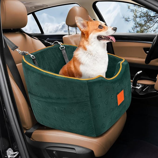 XIEEAOZEE Dog Car Seat for Small Dogs, Memory Foam Booster Dog Seat for Dogs up to 35 lbs, Elevated Pet Car Seat, Travel Safety Pet Seat with Washable Removable Cover, Storage Pockets (Green) by XIEEAOZEE