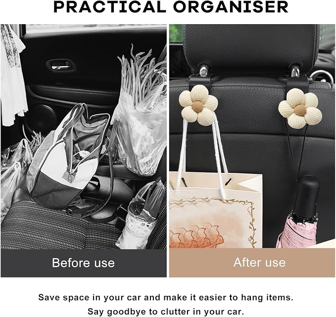 4 PCS Car Seat Headrest Hooks, Cute Flower Vehicle Backseat Hanger Storage Hook, Portable Auto Seat Back Holder Hanging Organizer for Purse Grocery Bag Cloth (White) - Image 5