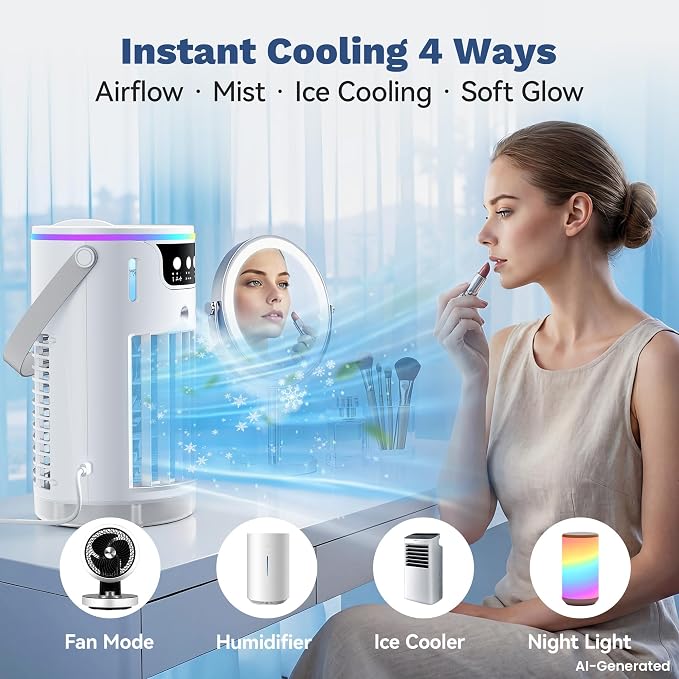 Portable Air Conditioners, Personal Evaporative Air Cooler 1200ML with Ice Cooling Mist Fans That Blow Cold Air Like AC Mini AC Unit for Bedroom, Home Office Desk and Car RV (White) - Image 4