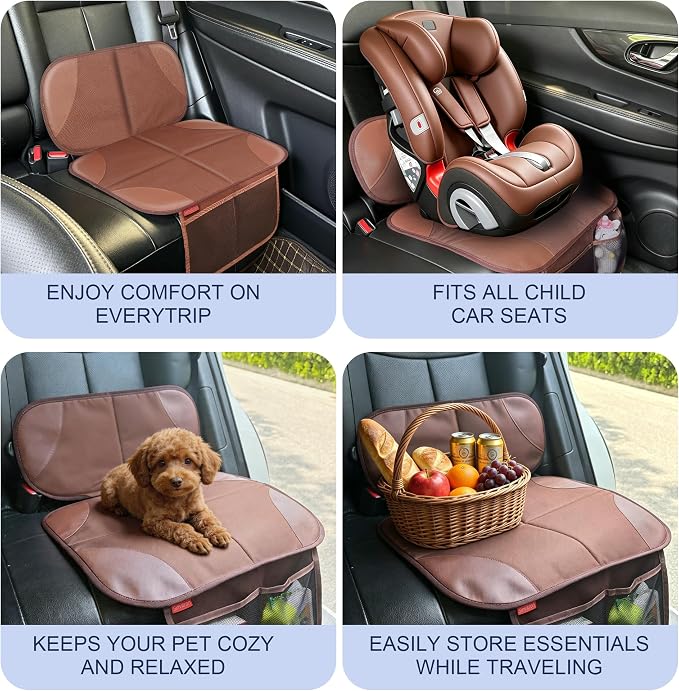 Sinvitron Car Seat Protector for Kids, Anti-Slip Thick Padding, Seat Mark Protection, 2 Storage Pockets for Toys & Snacks, Universal Fit for Most Vehicles (Brown, 1 Pack) - Image 6