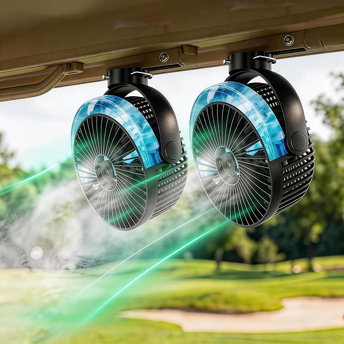 2-Pack Magnetic Golf Cart Misting Fan with Heavy-Duty Strap, 12000mAH Battery Operated Portable Fan with 4 Speeds, LED, Timer, Suitable for EZGO Club Car Yamaha, Golf Cart & Camping Accessories 2026 by VENSWIDMagneticGolfCartFan
