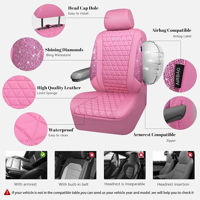 CAR PASS Bling Diamond Pink Leather Car Seat Covers Full Sets Interior Sets, Waterproof Shining Glitter Sparkly Crystal Universal Armrest Fit for Automotive Truck SUV Cute Women Girl, Pink Rhinestone - Image 3