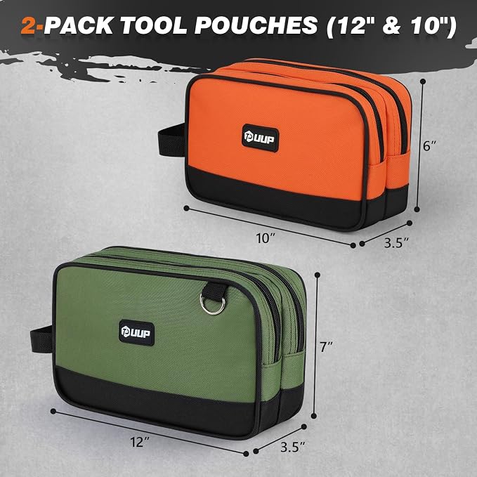 Tool Bag 2-Pack 12" 10", Divider Zipper Pouch, Small Tool Box Organizer | Waterproof, Heavy-duty Oxford, Smooth Zipper, Handle & D-Ring, Storage Case for Car Work Tool. Electrician Gift, Orange/Green - Image 2