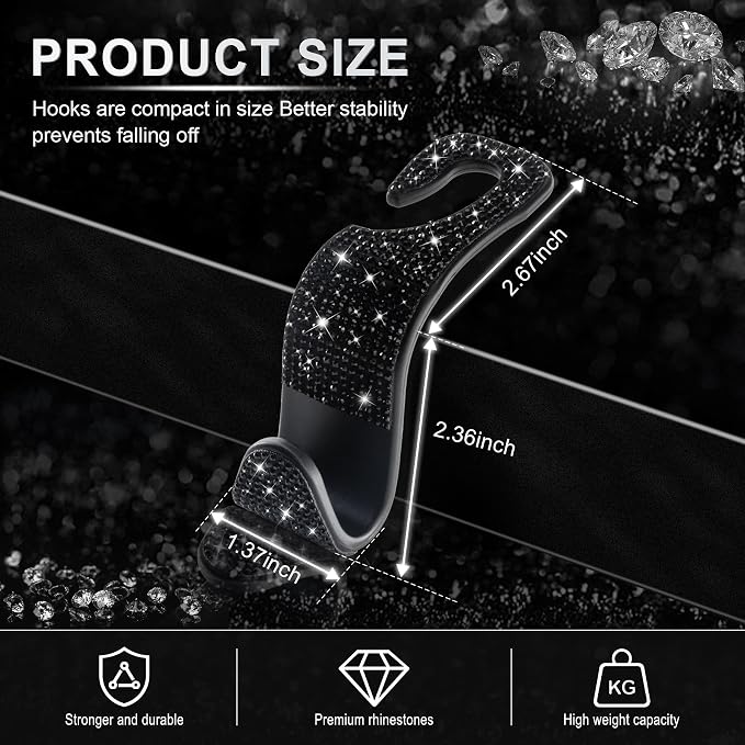 LivTee Car Seat Headrest Hook, Auto Seat Hook Hangers Storage Organizer Interior Accessories for Purse Coats Umbrellas Grocery Bags Handbag, 4-Pack(Bling Black) - Image 3