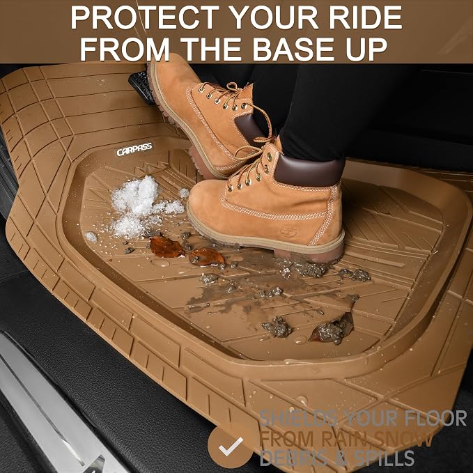 CAR PASS Tire Tread DeepDish Rubber Floor Mats for car Heavy Duty car mats All Weather, Universal XL~M Trim to Fit for Truck SUV Vehicle Automotive, Waterproof car mats 3 piece Solid Beige - Image 4