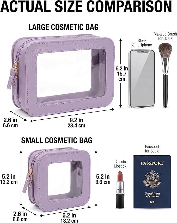 Makeup Bag Set Cosmetic Pouch for Women Waterproof PU Leather,Travel Toiletry Bag Cute Makeup Organizer Purse Pouch Preppy Pencil Case with Zipper (2Pack-Standard&Square, Purple) - Image 6
