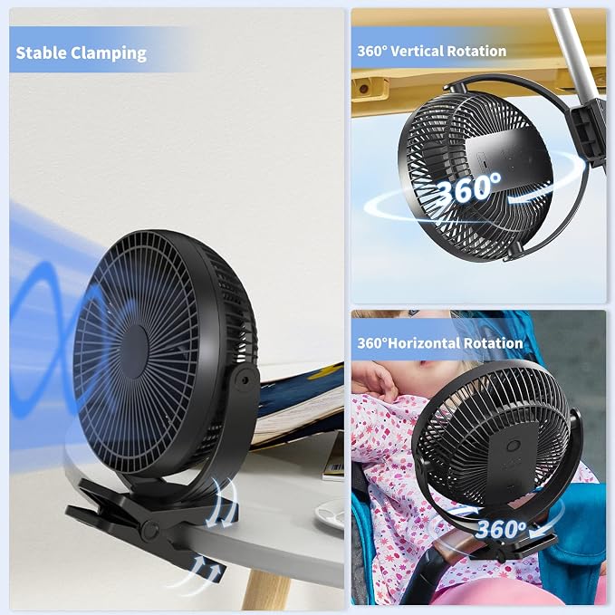 Clip on Fan, Rechargeable Portable Fan, 8 Inch Small Desk Fan - 10000mAh Battery Powered Fan with 4 Speed, 360° Rotation Personal Fan Suitable for Golf Cart, Bedroom, Travel and Camping (Black) - Image 5