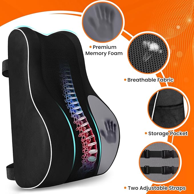 CloudBliss Lumbar Support Pillow, Memory Foam for Office Chair, Black | Ergonomic High-Density Memory Foam, Adjustable Straps, Washable Mesh Cover, Lower Back Support for Office, Gaming & Car Seat - Image 4