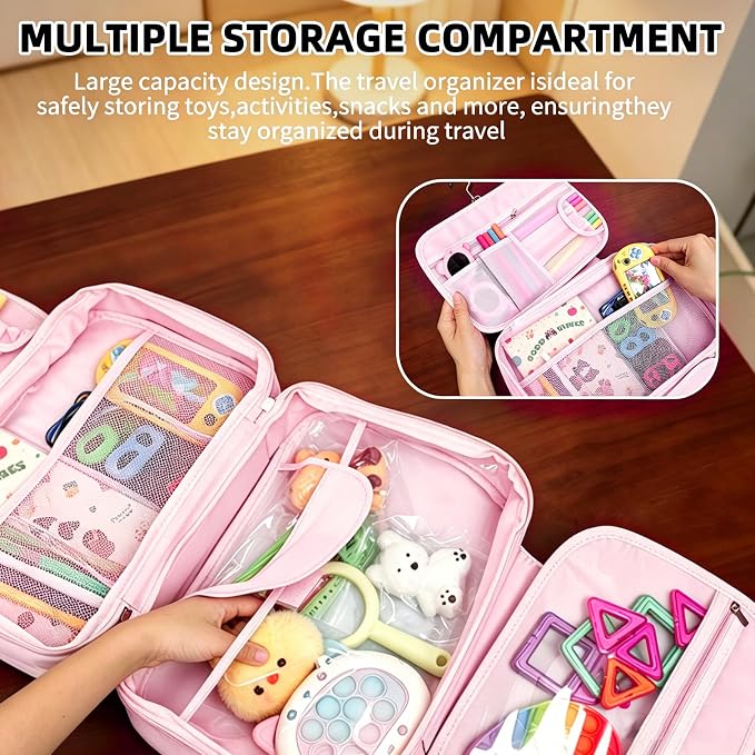 Kids Travel Organizer, Portable Storage Bag for Toys, Snacks, & Activities, Travel Waterproof Organizer Bags with Hook & Carry Handle, Multi-Compartment (Pink) - Image 5