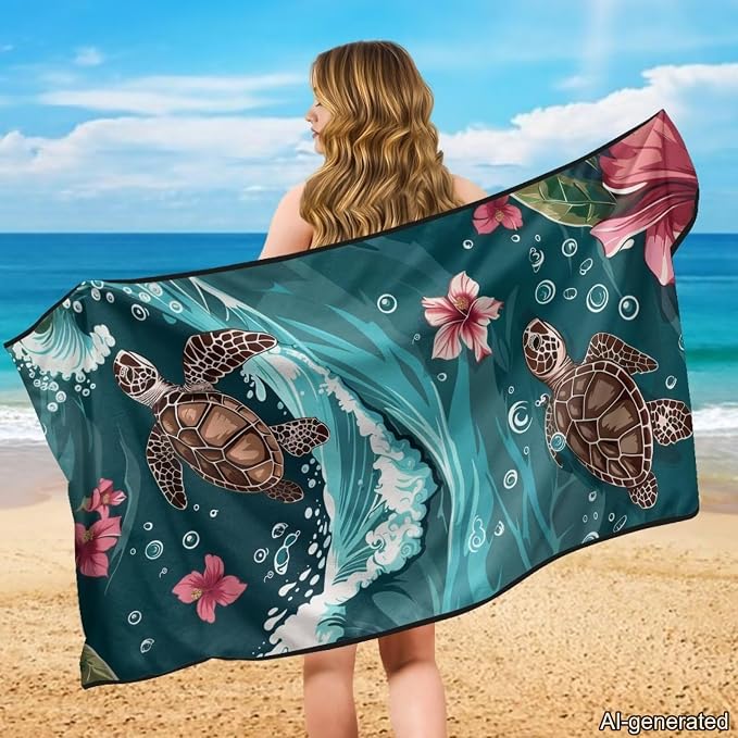 Sea Turtle Print Car Seat Cover Towels Front Seats Hibiscus Print Automotive Seat Covers for Truck Sedan SUV Sweat Absorption Running Towel, Workout Towel and Yoga Mat - Image 3