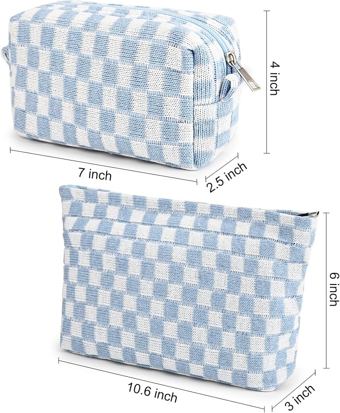 SOIDRAM 2 Pieces Makeup Bag Large Checkered Cosmetic Bag Capacity Canvas Mix Travel Toiletry Bag Organizer Cute Makeup Brushes Aesthetic Accessories Storage Bag for Women, Checkered Mix Blue - Image 3