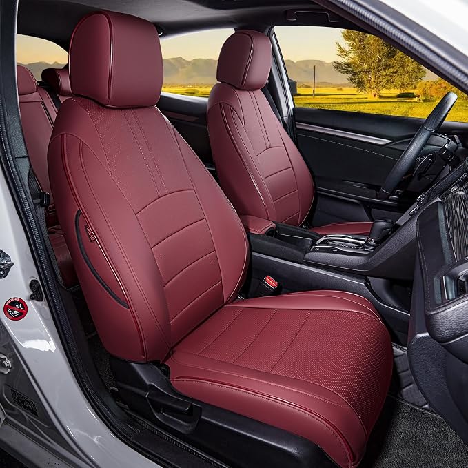 HKZ Custom Fit Civic Seat Covers for Honda Civic Sedan 2016 2017 2018 2019 2020 2021 LX (Not for LX-P)- 5-Seats Leather Full Set,Wine Red by HKZ