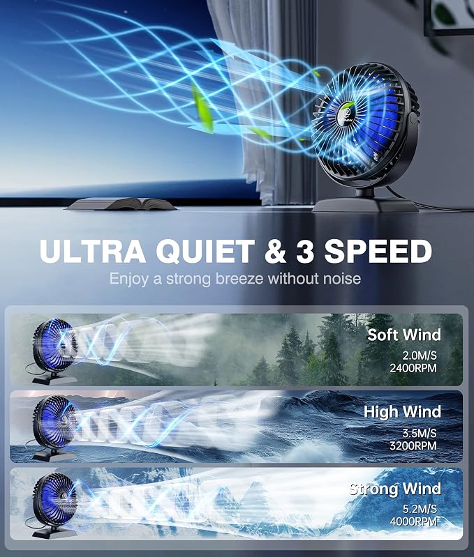 JZCreater USB Desk Fan, 360 Rotation Personal Cooling Fan with 3 Speeds, Quiet, Small, USB Powered for Home, Office, Bedroom, Car, Travel, Black - Image 3