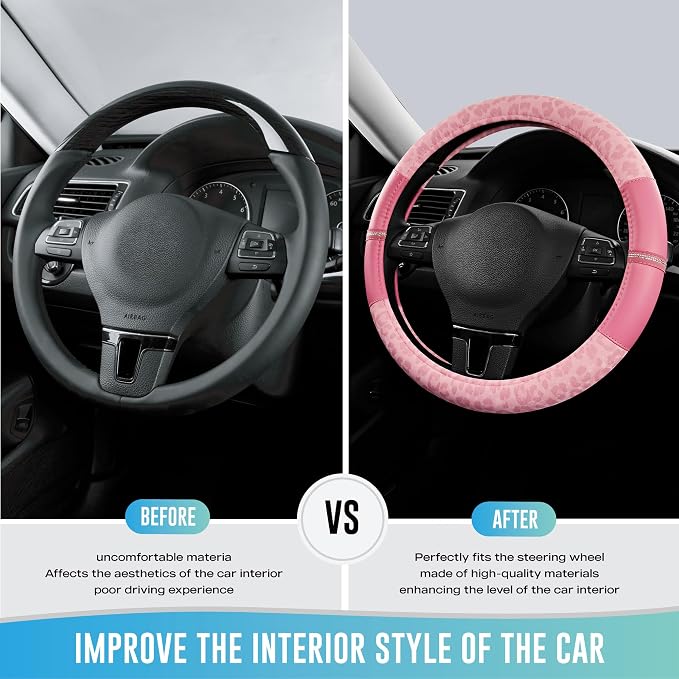 Road Comforts Leopard Steering Wheel Cover for Women, Cute Anti-Slip Microfiber Leather, Universal Fit 14.5-15 Inch Round Steering Wheel - Full Pink - Image 3