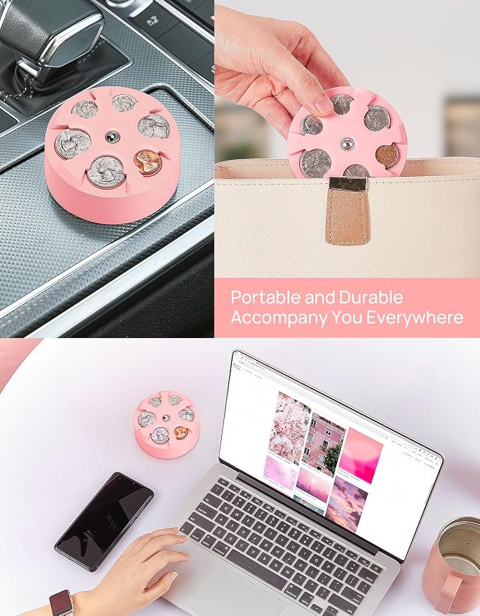 JOYTUTUS Universal Coin Holder, Large Capacity Coin Holder for Car, Portable Car Change Holder Coin Organizer, Car Trucks Accessories, Coin Sorter for Car & Wallet & Pocket,Pink - Image 5
