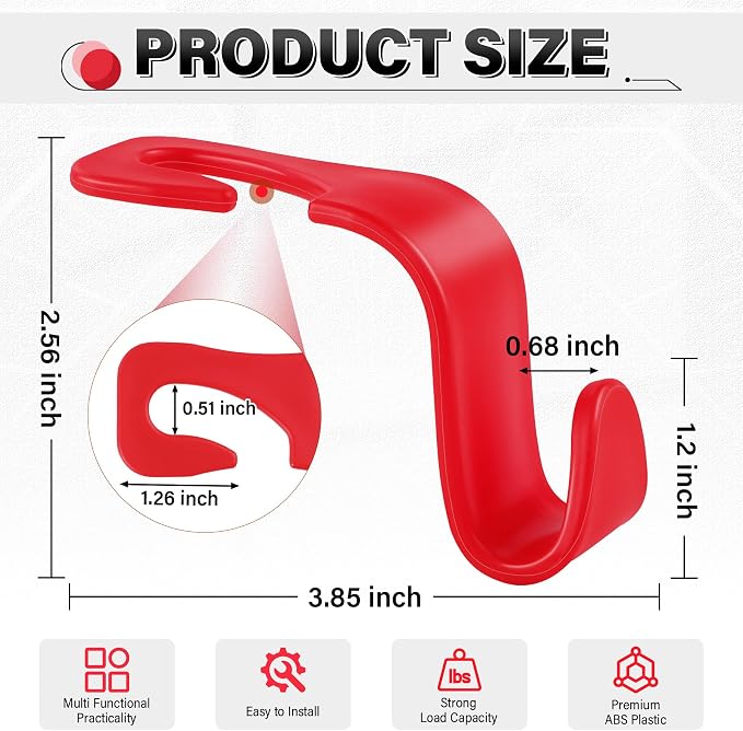 SINGARO 4 Pack Car Seat Headrest Hooks, Vehicle Back Seat Hanger Storage Organizer for Purse Handbag Backpack Coat Grocery, 360° Rotating Heavy Duty Holds 44lbs, Red - Image 2