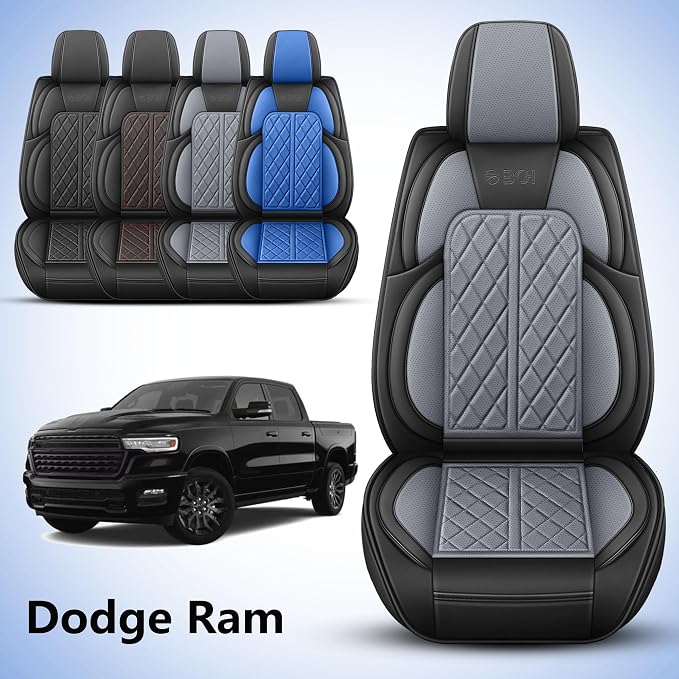 Car Seat Cover Custom Fit for Dodge Ram 1500 2500 3500 2002-2026 Faux Leather Seat Cover Set Compatible with Crew Quad Regular Cab Pickup Truck Cushions (Black & Grey, Front Seat) - Image 2