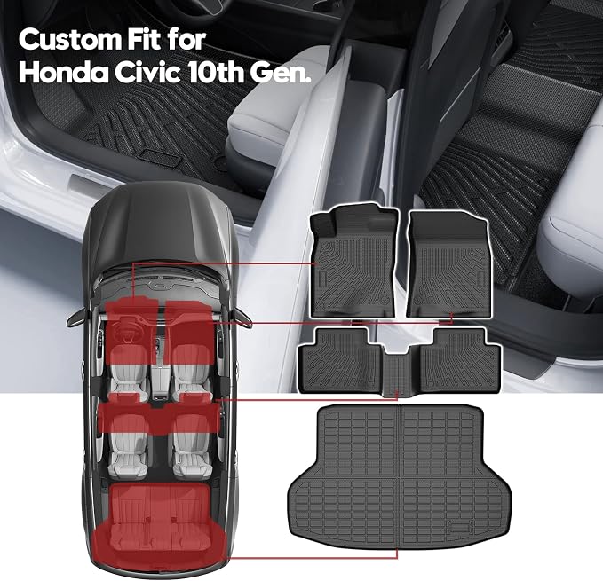 T TGBROS Floor Mats for Honda Civic 2016-2021 All-Weather Full Set Custom Fit TPE Liners Back Seat Protector Cargo Liner Trunk for Civic Accessories 4PCS(Coupe/Sedan/Type R/Insight) - Image 2