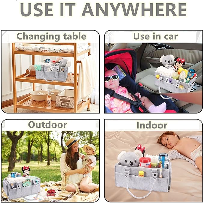 XUANGUO Large Baby Diaper Caddy Organizer, Felt Basket with Handles, Grey | Nursery storage bin with dividers; portable tote bag for baby stuff, changing table or car, baby shower and registry gifts. - Image 5