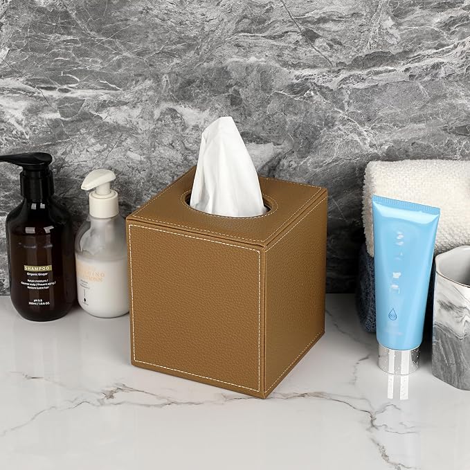 Sumnacon Square Tissue Box Cover,Magnetic Bottom PU Tissue Box Holder,Camel | Stylish Cube Leather Tissue Box Covers ,Decorative Tissue Box for Vanity Dresser Night Stand Table Countertop Home Office Car - Image 3
