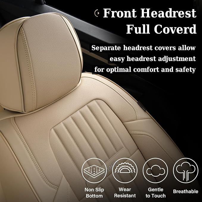 Coverado Front and Back Seat Covers for Cars, Nappa Leather Car Seat Covers, Automotive Seat Covers for Trucks, 5 Seats Waterproof Carseat Protector Car Seat Cover Beige, Universal Fit for Most Cars - Image 6