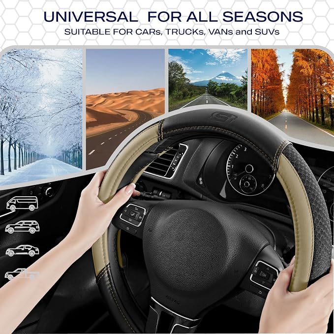 Skechers Air-Cooled Steering Wheel Cover,Leather Car Steering Wheel Cover Universal Fit 14" 1/2-15" Car Wheel Protector for Men Women Fit Suvs,Vans,Sedans,Car,Trucks,Beige - Image 7