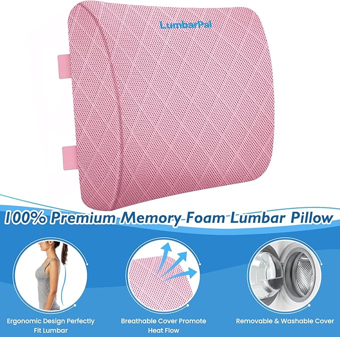 Lumbar Support Pillow for Office Chair, Back Support, Memory Foam, Pink | Improve Sitting Posture & Back Pain Relief. Lumbar Pillow Fits Office, Gaming & Car Chairs with Adjustable Dual Straps - Image 3