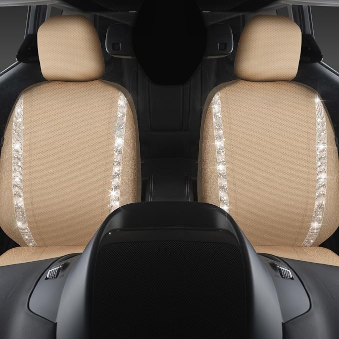 CAR PASS Leather Bling Diamond Car Seat Covers 2 Front Interior Sets, Waterproof Universal Shining Glitter Crystal Sparkle Fit for 95% Automotive Truck SUV Cute Women Girl, Beige Rhinestone - Image 7