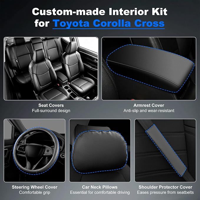Custom Fit Seat Covers for Toyota Corolla Cross 2022-2026 Full Set | Black Seat Covers, Premium Faux Leather, 5-Piece Set Includes Armrest, Seat Belt, Steering Wheel & Headrest Covers - Image 3