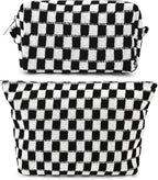 SOIDRAM 2 Pieces Black Makeup Bag Large Checkered Cosmetic Bag Capacity Canvas Mix Travel Toiletry Bag Organizer Cute Makeup Brushes Aesthetic Accessories Storage Bag for Women, Checkered Mix Black by SOIDRAM