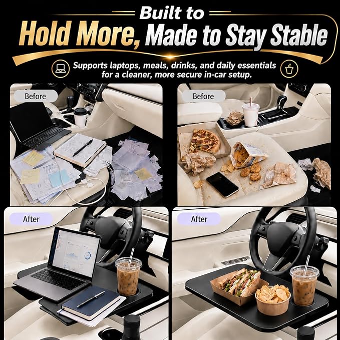 Car Tray Table for Laptop and Food, 360° Rotating Adjustable Car Desk with Cup Holder,Leather Surface, Adjustable Vehicle Seat Tray for Eating, Working, Road Trips, Fits Tesla Model 3/Y/S&Most Cars - Image 7