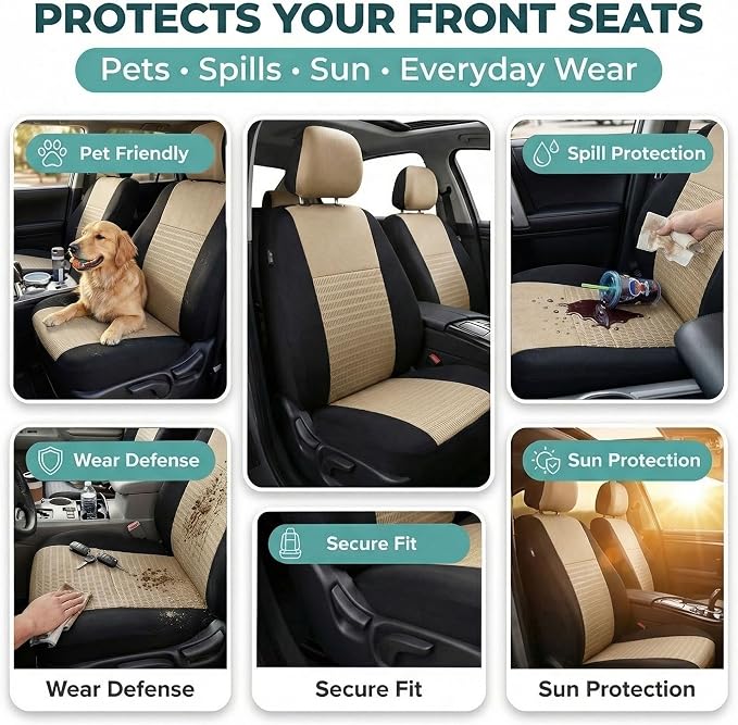 FH Group Universal Car Seat Covers Front Set for SUV Truck Sedan Vans | 3D Textured Breathable Fabric Seat Cover Set Protector with Airbag Compatible Interior Upgrade - Beige - Image 6