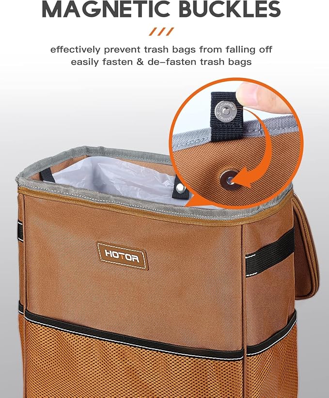 HOTOR Car Trash Can, Compact Waterproof Organizer, Leak-Proof Bin, 3-Gallon | Brown, Multifunctional Car Accessory with Adjustable Straps & Magnetic Snaps for Interior Car Storage - Image 3