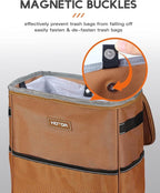 HOTOR Car Trash Can, Compact Waterproof Organizer, Leak-Proof Bin, 3-Gallon | Brown, Multifunctional Car Accessory with Adjustable Straps & Magnetic Snaps for Interior Car Storage - Image 3