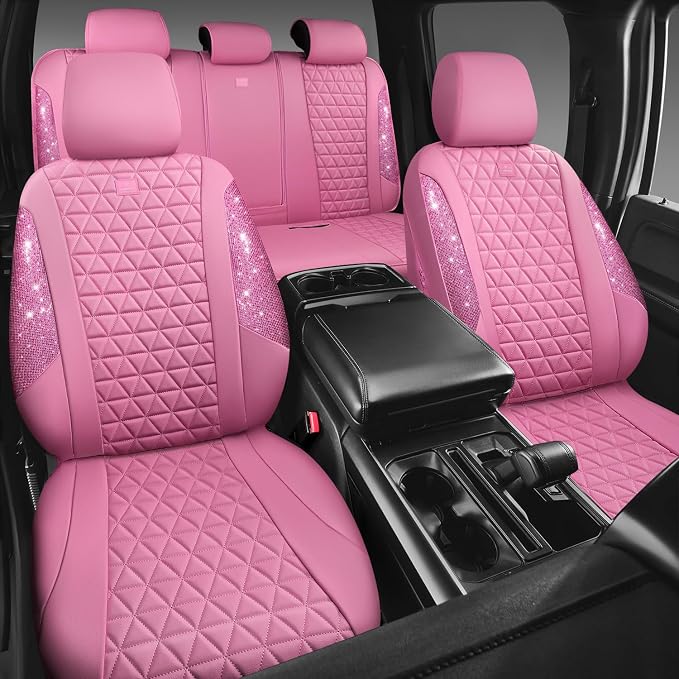 CAR PASS Bling Diamond Pink Leather Car Seat Covers Full Sets Interior Sets, Waterproof Shining Glitter Sparkly Crystal Universal Armrest Fit for Automotive Truck SUV Cute Women Girl, Pink Rhinestone - Image 2