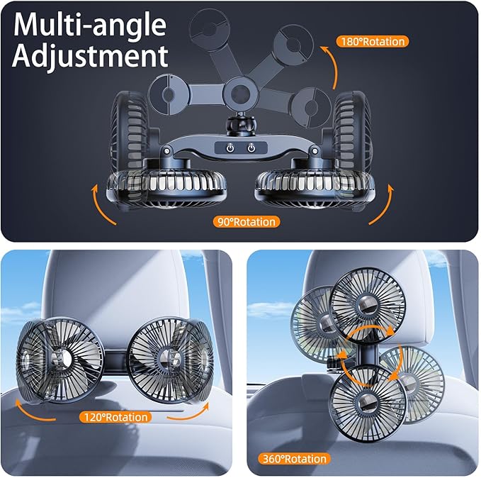 ELOHEI 12V Quiet 3 Speed 360° Rotate Dual Head Backseat Car Fan | Usb Car Fans Strong Wind Power for Universal Cars SUV Sedan Trucks(Black) - Image 3