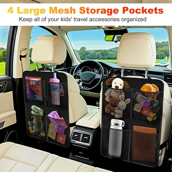 2 Pack Back Seat Cover For Kids + 4 Pocket Storage Organizer,Car Kick Mats Backseat Protector, Car Seat Back Protectors Backseat Organizer For Vehicles - Image 2