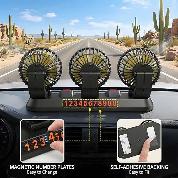 Portable 3-Head Car Cooling Fan, 12V Cigarette Lighter Plug Dashboard Fan for Vehicles Cars Trucks SUV, 360° Adjustable Heads Strong Airflow (No Battery) - Image 4