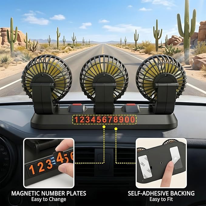 12V Car Cooling Three-Head Fan, 360° Rotation, 2-Speed Adjustable, Low Noise, Portable Fan for SUV, RV, Vehicle, Boat, Golf Cart with 51-Inch Cord - Image 7
