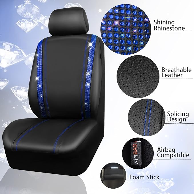 CAR PASS Bling Diamond Car Seat Covers Full Set, Shining Rhinestone Waterproof Faux Leather, Rear with Zipper, Universal Fit Automotive Glitter Crystal Sparkle Strips for Cute Women Girl, Blue - Image 7