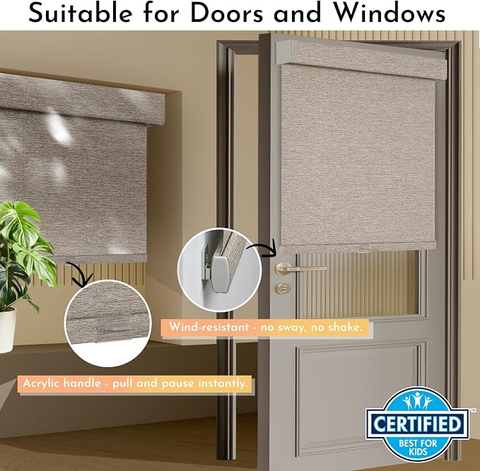 Persilux Blackout Roller Shades for Window Blinds,Cordless,Linen Fabric,Thermal Insulated Fabric UV Protection Shades for Home,Office,Bedroom,Door,Blackout-Light Brown,35" W X 72" H - Image 3
