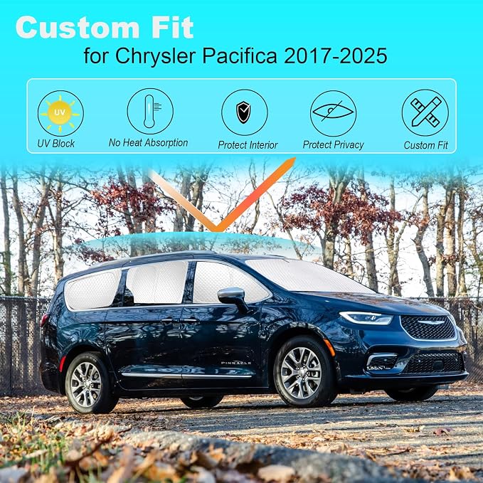 KMF 8pcs Thicken Sun Shades for Chrysler Pacifica 2017-2025 2026 Accessories, Full Car Window Covers Sunshade for Windshield Side Rear, UV Block and Blackout Privacy for Camping Outdoor - Image 4