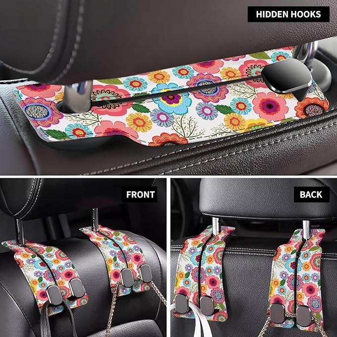 Car Seat Back Storage Headrest Hook, Premium Leather Double Metal Hook, Hanger Storage Organizer for Purse Cloth Bag, Car Interior Accessories Boho Cute Flowers - Image 4