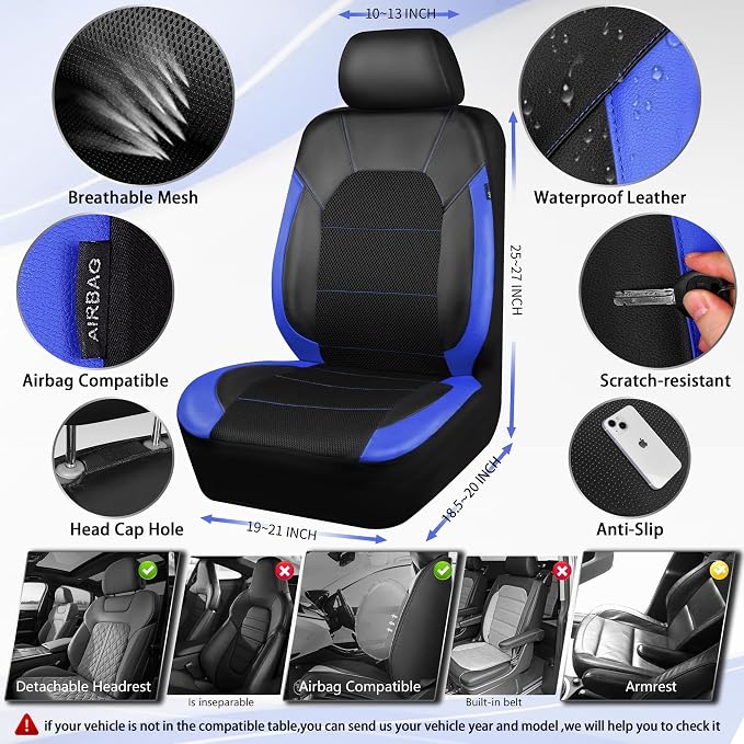 CAR PASS Leather seat Covers,Automotive Universal Sport car seat Cover Super 5mm Composite Sponge Inside,Airbag Compatible fits Most Cars, SUVs, Trucks, and Vans (Full Set,Black and Blue) - Image 2