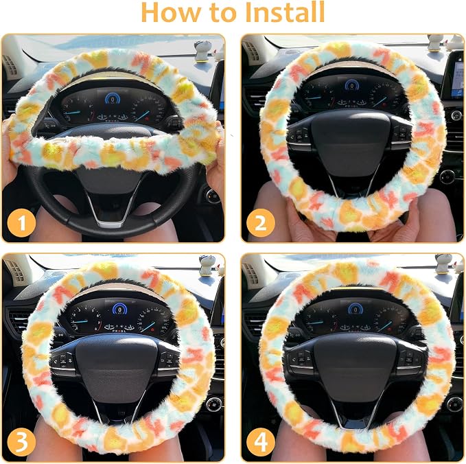 Accmor Fuzzy Car Steering Wheel Cover, Universal Fluffy Auto Wheel Cover & Handbrake Cover & Gear Shift Cover Set, Soft Warm Steering Wheel Protector Car Accessories for Men Women Girls, Colorful - Image 5