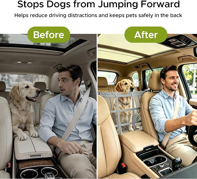KINIVA Dog Car Barrier, Upgraded 22.4"x22.6" Pet Barrier for Cars, Heavy Duty Mesh Dog Net Between Front Seats, Double-Layer Pet Divider with Leather Logo, Universal Fit for SUV Sedan Trucks (Grey) - Image 2