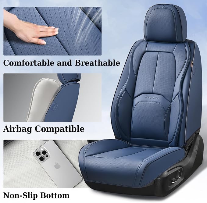 Coverado Car Seat Covers Full Set, Blue Car Seat Cover, Nappa Leather Seat Covers for Cars, Waterproof Car Seat Protector with Lumbar Support, Automotive Seat Covers Universal Fit for Most Cars (Blue) - Image 3