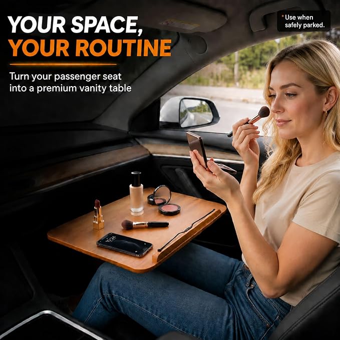 Adjustable Car Desk for RV with Solid Wood Tabletop, Tilt & 360° Swivel Mobile Office Workstation, Height Adjustable Camper Desk for Motorhome, SUV, Home Office, Reading and Travel - Image 3