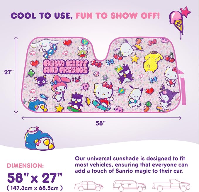 Carbella Hello Kitty and Friends Car Windshield Sun Shade, Official Sanrio Accordion Style Sunshade for Car Window, Cute Car Sun Shade Windshield, Hello Kitty Car Accessories for Women (HK & Friends) - Image 6