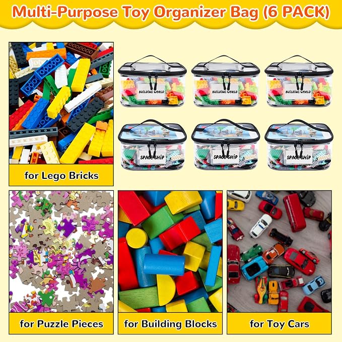 Tesuko 6 Pack Clear Toy Storage Bag with Name Tag& Manual Pocket, Waterproof Transparent PVC Toy Organizer Case for Lego Bricks, Board Games, Building Blocks, Puzzles (Large Capacity, Black) - Image 5